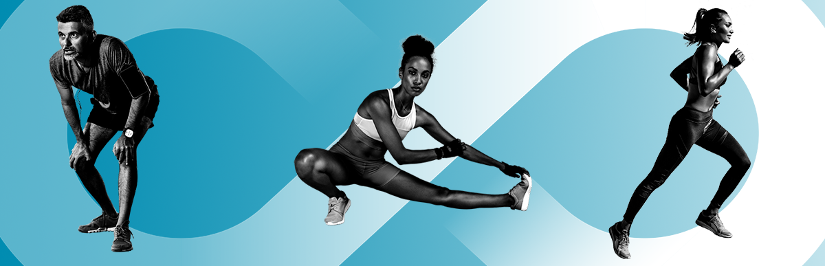 Black and white images of a man and two women doing different forms of exercise, over a blue gradient background with the infinity symbol